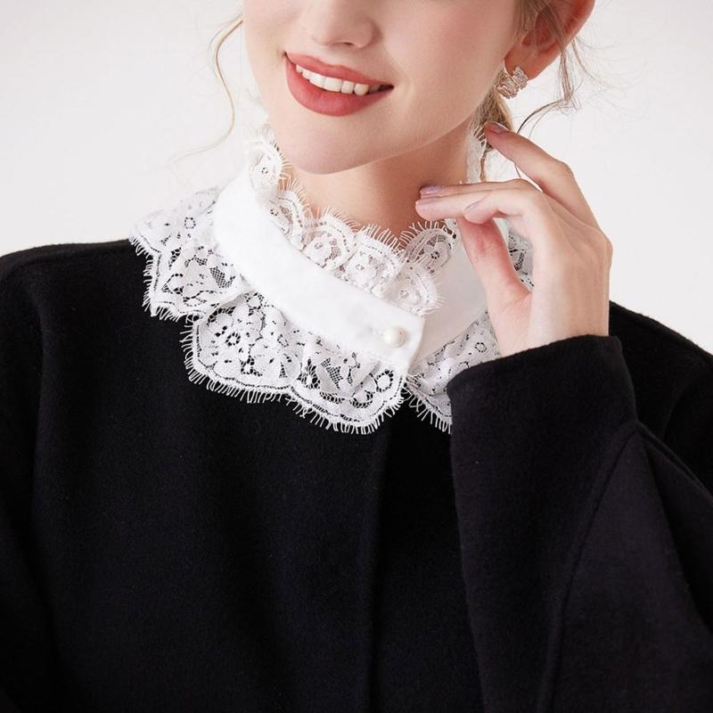 Eleganter Wimpernspitzen-Falschkragen, abnehmbarer Blusen-Halbhemdkragen, Halskette und Rüschen-Handgelenkmanschetten-Set für Damen