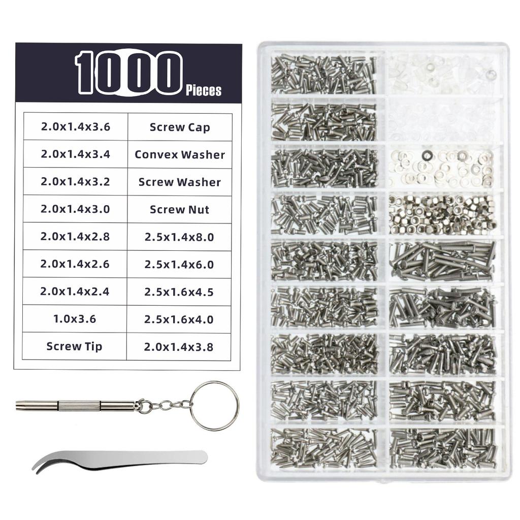 1000pcs Stainless Steel Micro Screw Set Kit Precision Screwdriver Tools for Glasses Sunglasses Watches Phones Tablets