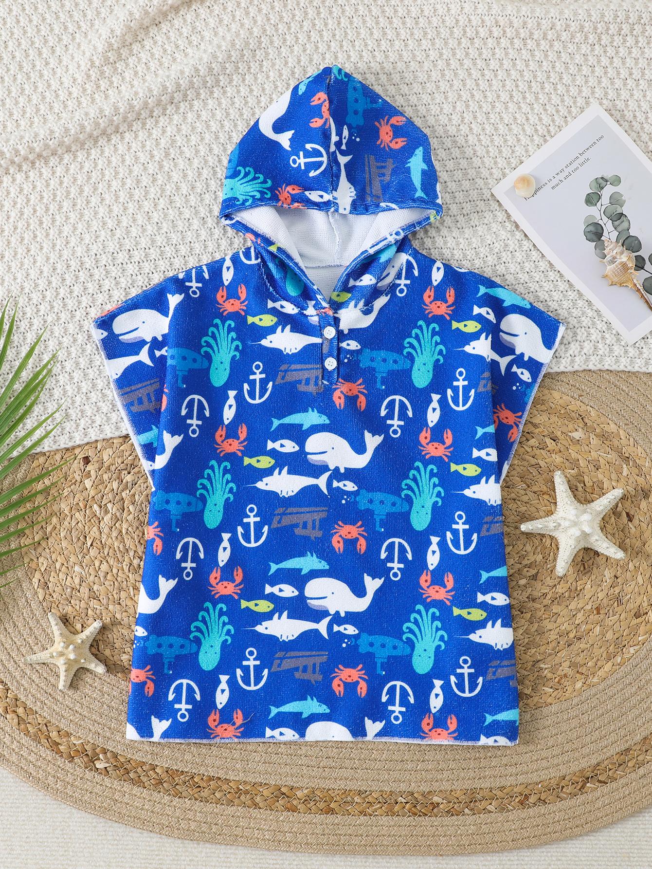 Quick Dry Sea Animal Print Hooded Changing Towel Children Swim Robe for Beach One Size синий