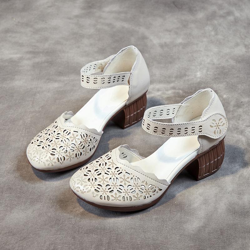 

Sandals women s outer wear new summer Velcro women s shoes first layer cowhide medium and old high heels retro hole shoes 35 белый