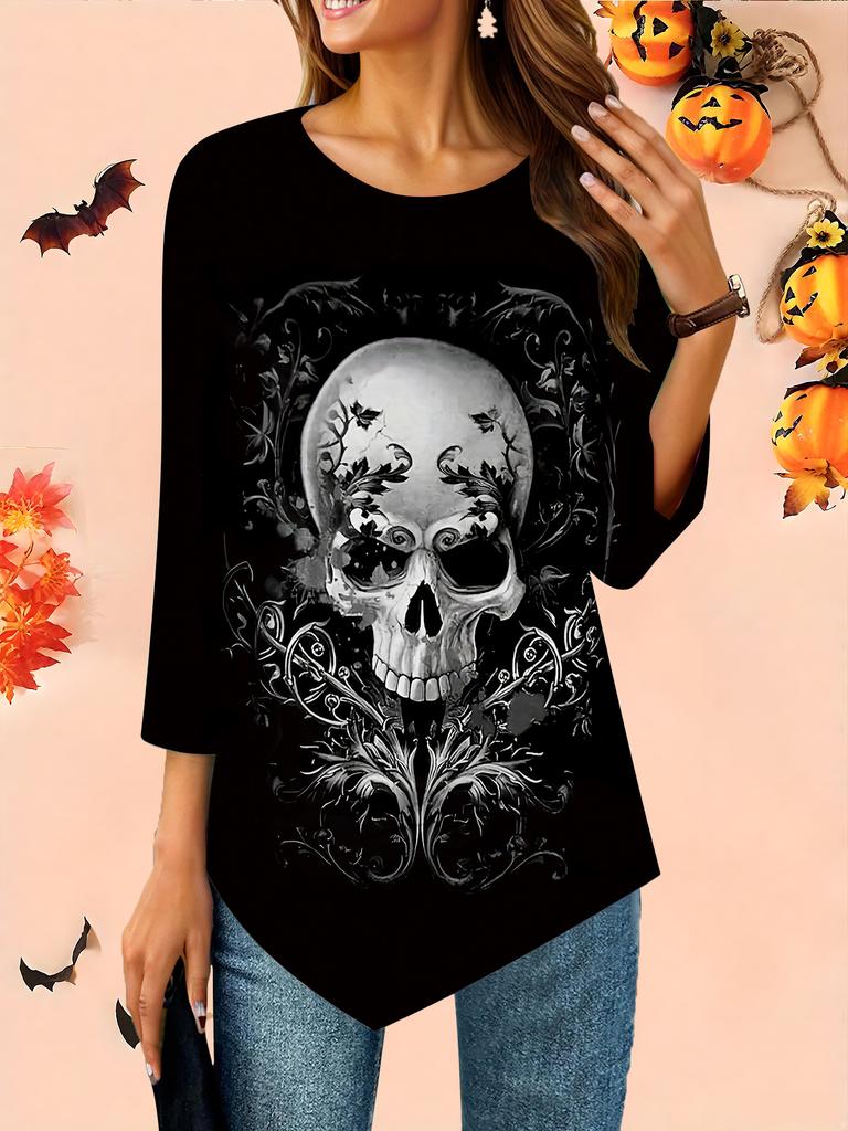 Women's Loose Round Neck Three Quarter Sleeve Tee 3D Halloween Pattern Ideal Halloween and Christmas Gift