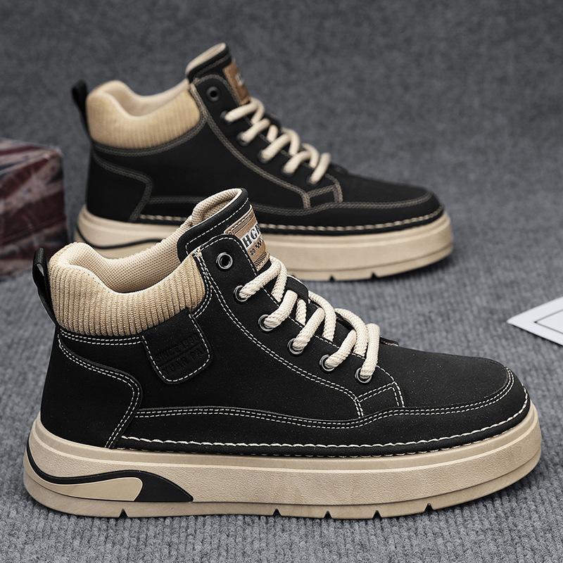 Light Luxury Autumn Men's High-top Sports and Leisure Shoes, Youth Thick-soled Versatile Men's Shoes, Live Leather Skateboard Shoes