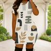 Women Plus Size Round Neck Short Sleeve Patchwork Printed Fitted Mini Dress Black White Grey