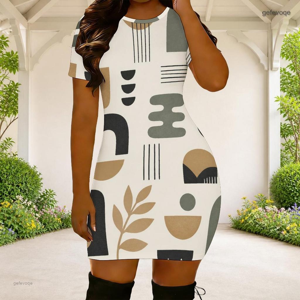 Women Plus Size Round Neck Short Sleeve Patchwork Printed Fitted Mini Dress Black White Grey