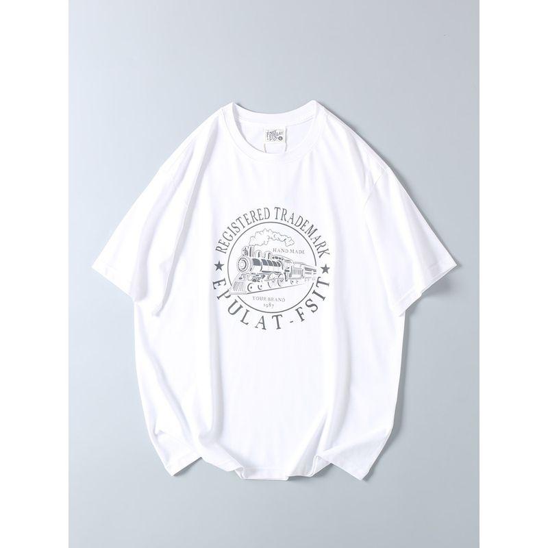 Vintage Locomotive Print Short-Sleeve T-Shirt for Summer, Men's Export Surplus Casual Round-Neck Base Shirt