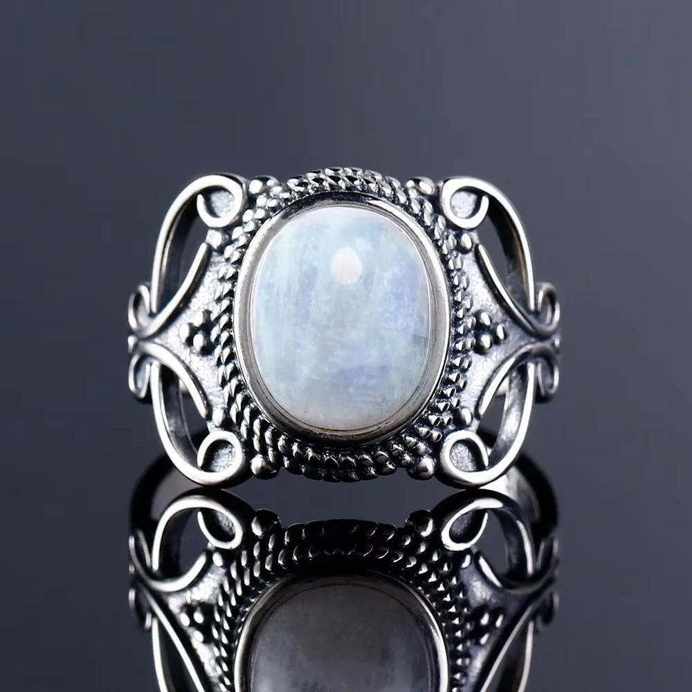 Vintage 925 Sterling Silver Natural Moonstone Rings Bohemia Oval Shape Retro Ring Gifts Fine Jewelry for Women Men