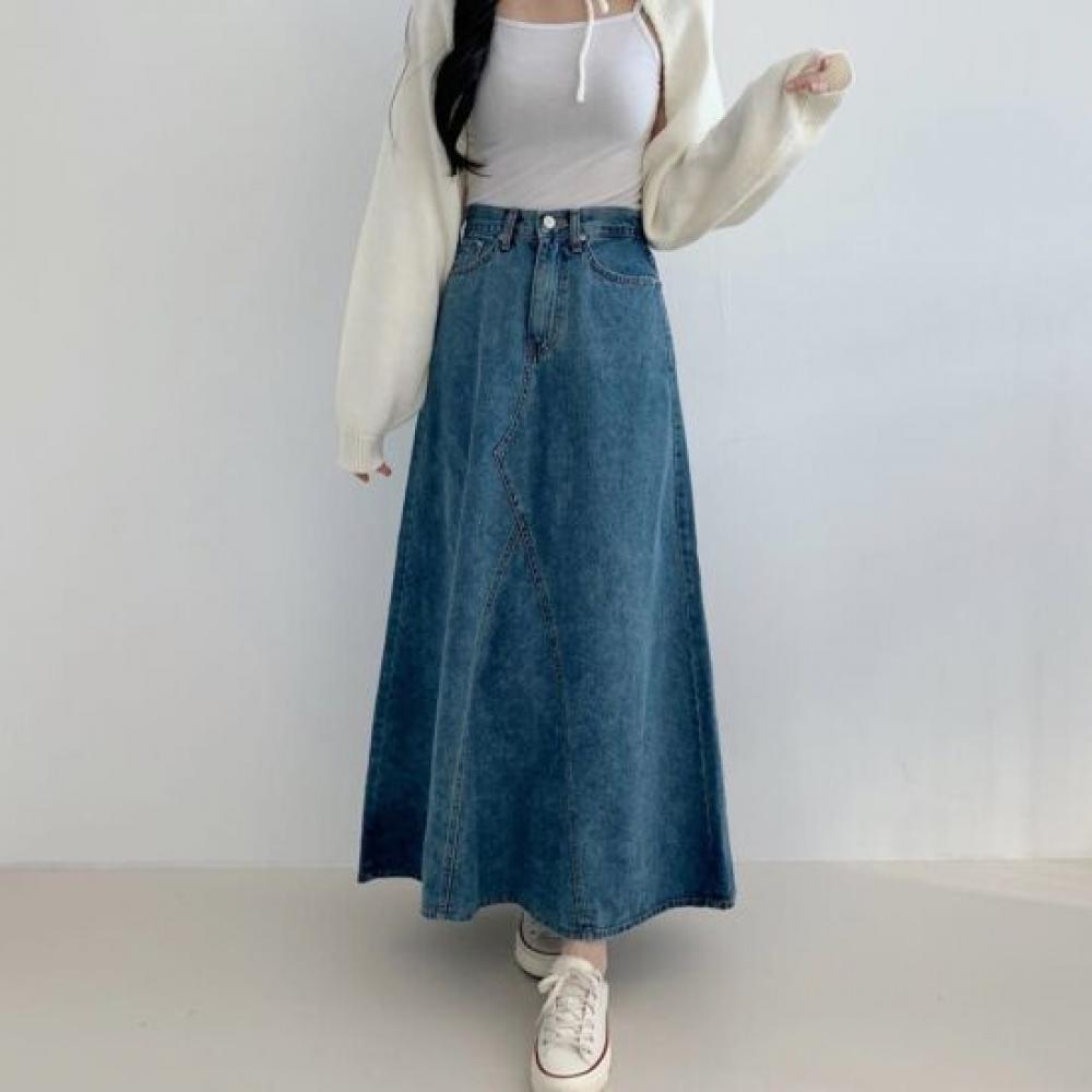 Mizqz Back Banding High Waist Denim Cut Flare Maxi Long Skirt