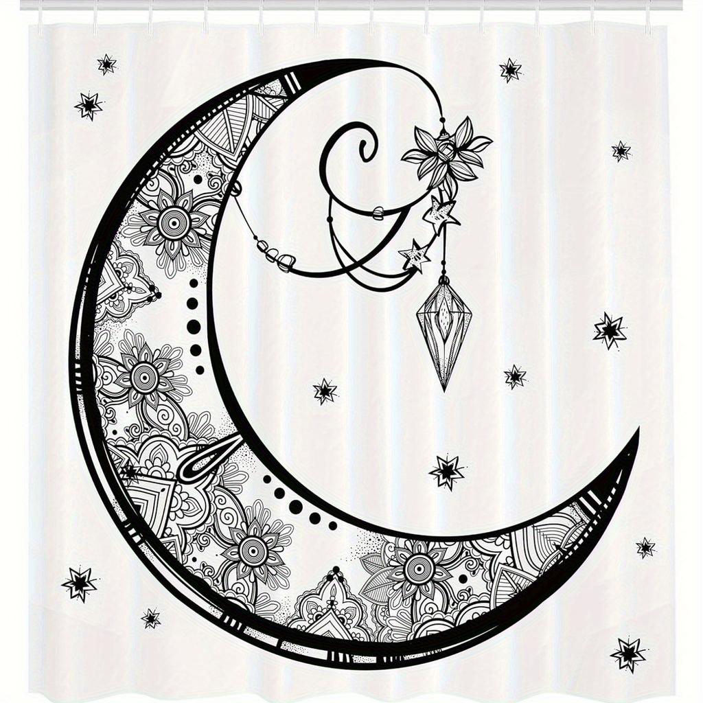 Black & White Paisley Floral Moon Shower Curtain - Crescent Gem Astrology Design, Elegant Polyester, Mystical Bath Decor