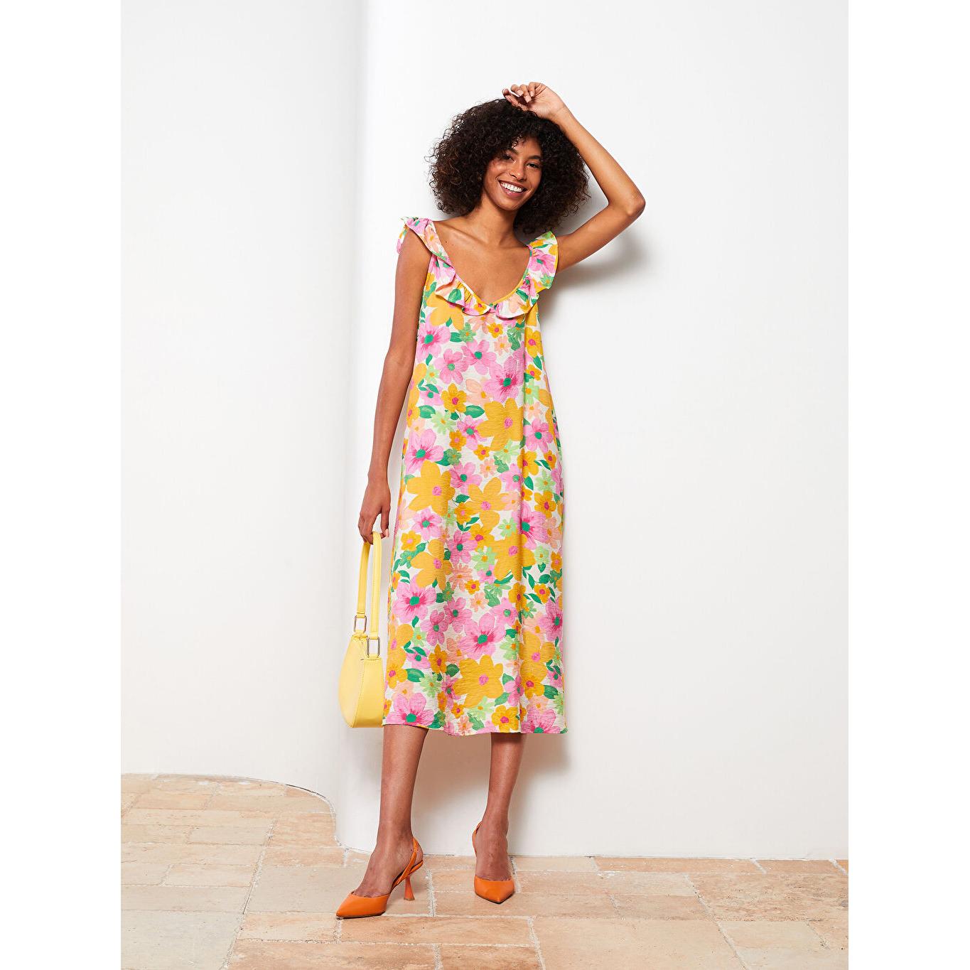 

LCW VISION Женское платье с воротником-стойкой и цветочным принтом оранжевого цвета