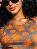Daisy Floral Sleeveless Bodycon Mini Dress, Round Neck Slim Fit Casual Vacation Cover-Up