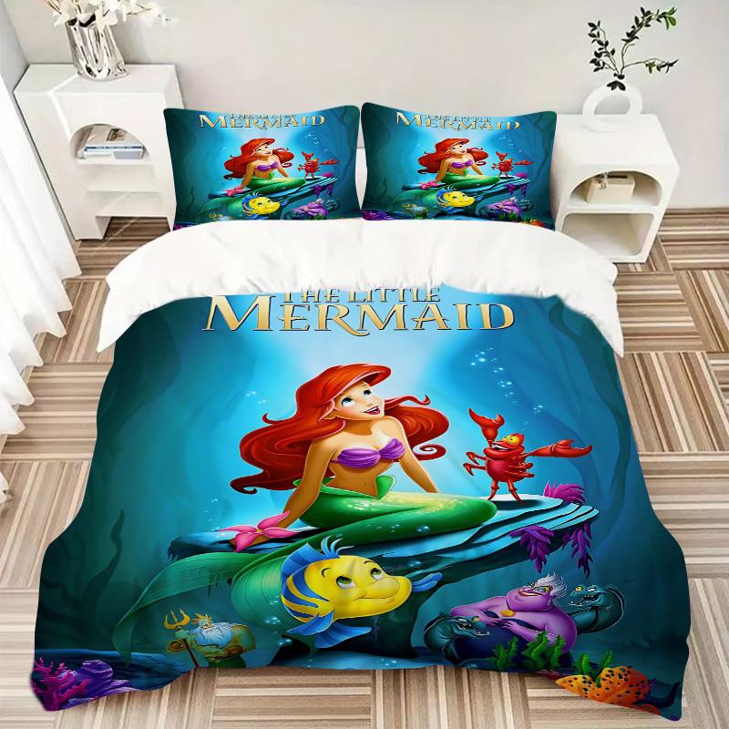 3pcs Set Mermaid1pc of Quilt Cover+2pcs of Pillowcase, No Core, Print Bedding, All Seasons Bedroom Setting061