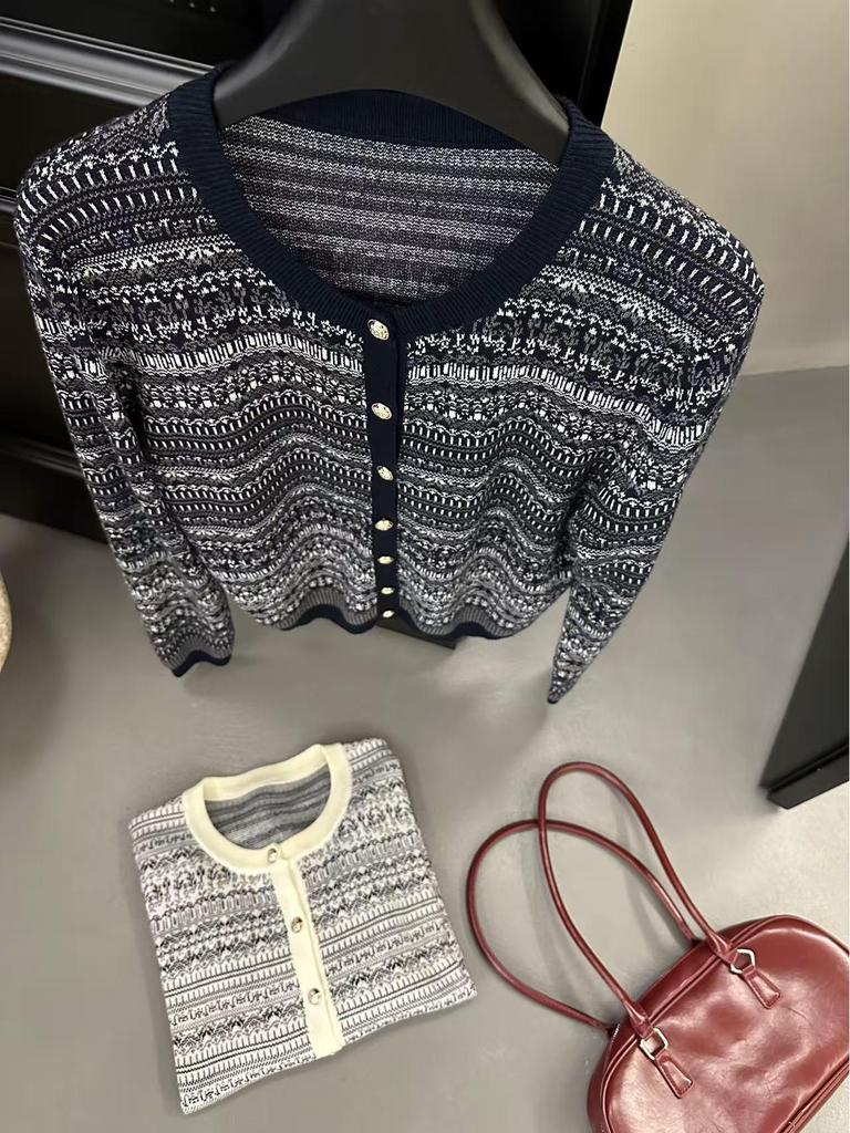 Women's Korean Style Wool Color Block Cardigan - Round Neck, Fair Isle Jacquard, Autumn/Winter Fashion.