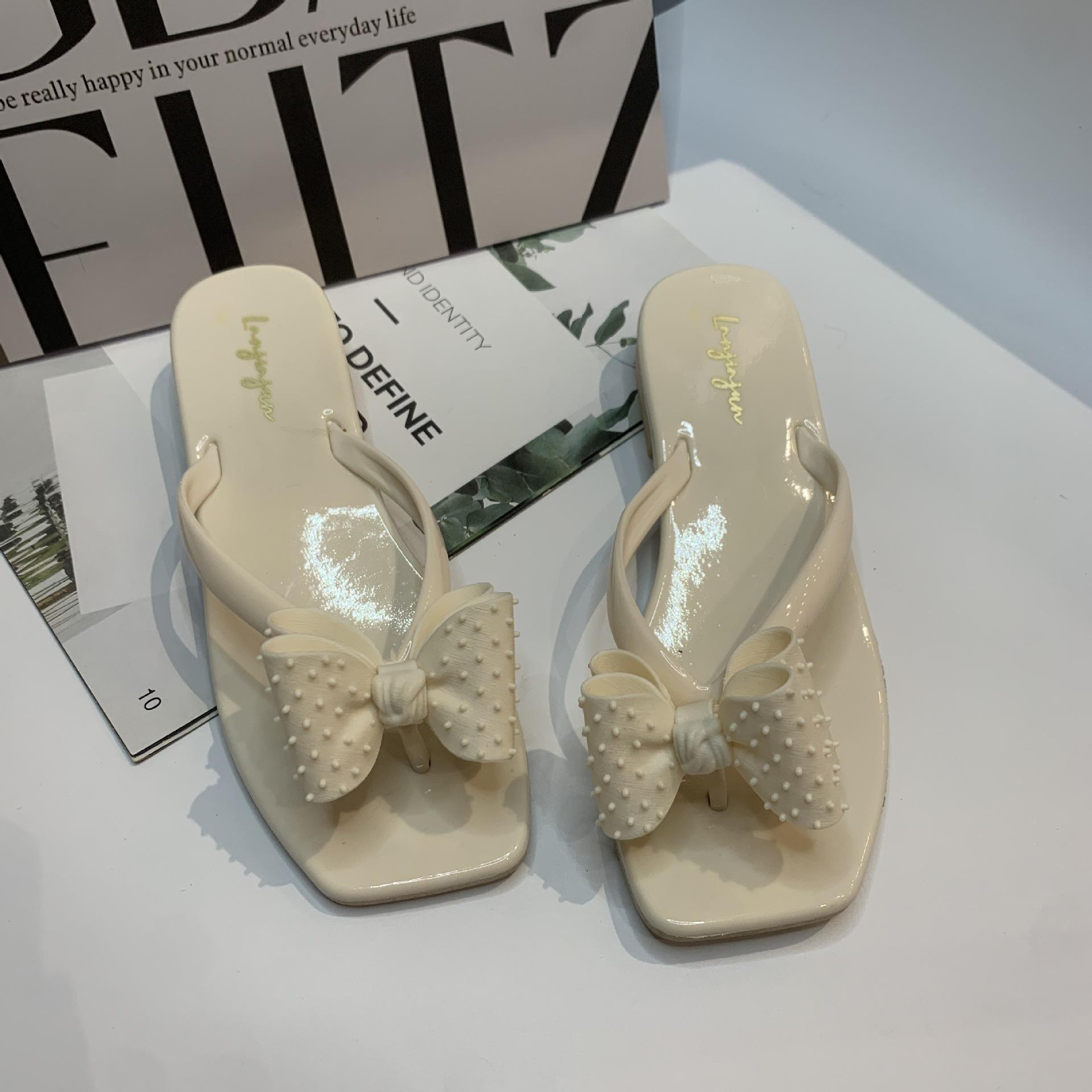 

Шлепанцы с бантом, женские летние новые модные тенденции, модные пляжные тапочки с плоским дном и квадратной головкой 39 бежевый