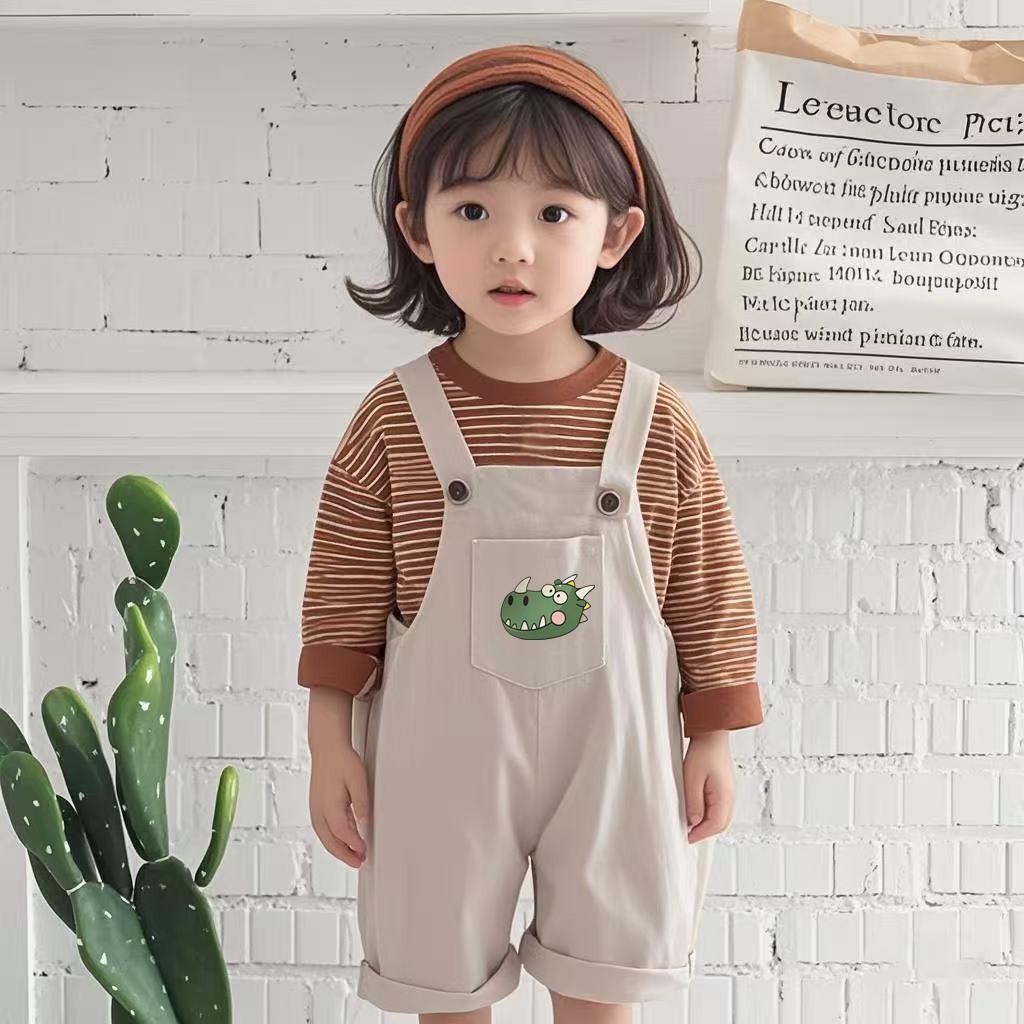 Baby and Children's Autumn/Winter Dinosaur Crocodile Strap Pants Two Piece Set Striped Round Neck Outerwear
