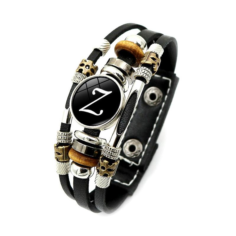 

Vintage 26 Letter Leather Bracelet English Initial Glass Snap Button Bracelets For Men Women