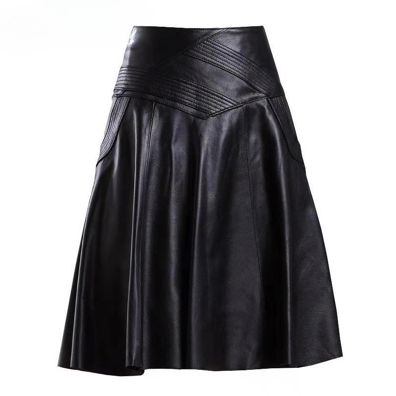 נשים אביב סתיו חצאיות עור PU ליידי גבוה מותן חצאית קו A חצאית באורך Midi שחורה נשים