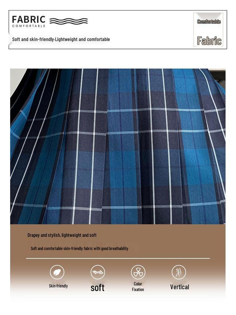 Women's Blue Plaid A-Line High Waist Pleated Skirt - College Style, Plus Size, Short Length for Spring & Autumn