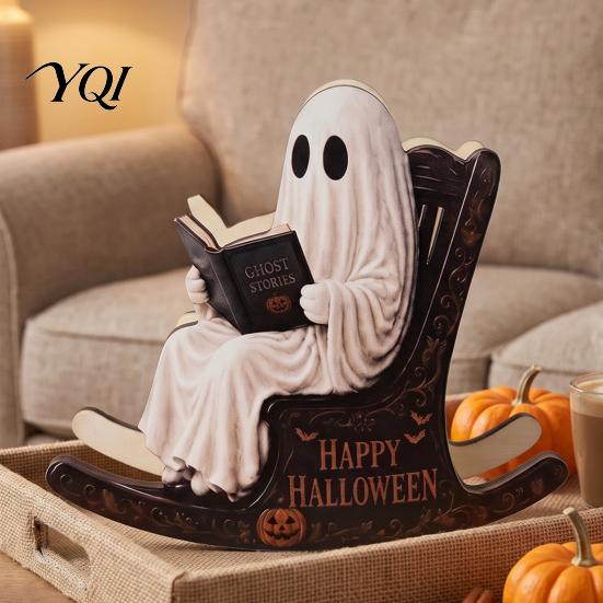 Spooky Bookshelf Ornament Halloween Rocking Chair Ghost/Skeleton Ornament, Wooden Desktop Decoration, Dynamic Skeleton Reader Decor Ghost Figurine for