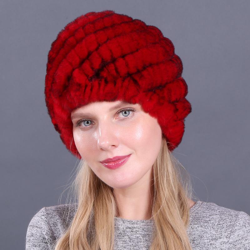 Damen Winter Pelzmütze Rex Kaninchenhaar gestrickte Spirale Ananas verdickte warme Mütze