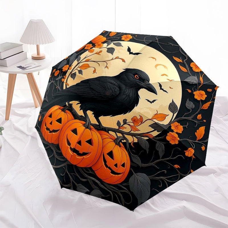 Halloween Pumpkin Patch with Crow Umbrella, Portable 3-Fold Compact Umbrella for Men & Women R144