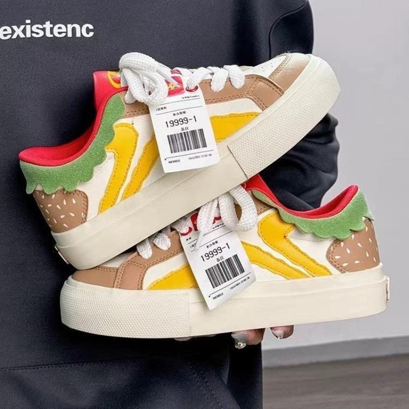 Spring, Summer, Autumn and Winter Women's Shoes, Women's Sneakers, White Shoes, Hamburger Style, Low-top Round-toe Lace-up Sneakers