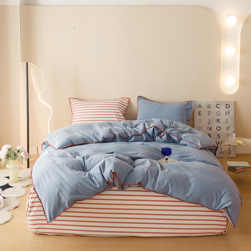 Blue Protein Durable Washed Cotton Bedding Set Striped Color Block Shell Embroidery Comforter Cover with Standard Pillowcases