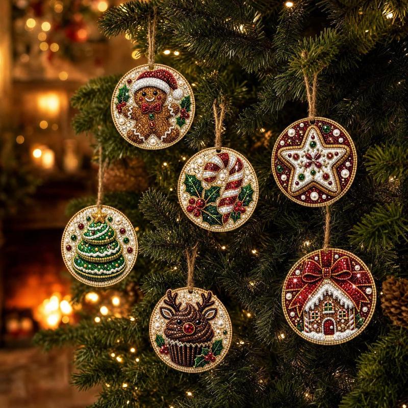 6pc Christmas Pearl Diamond Painting Kit 5D Full Round DIY Diamond for Xmas Tree Hanging Craft Pendent Holiday Christmas Decor