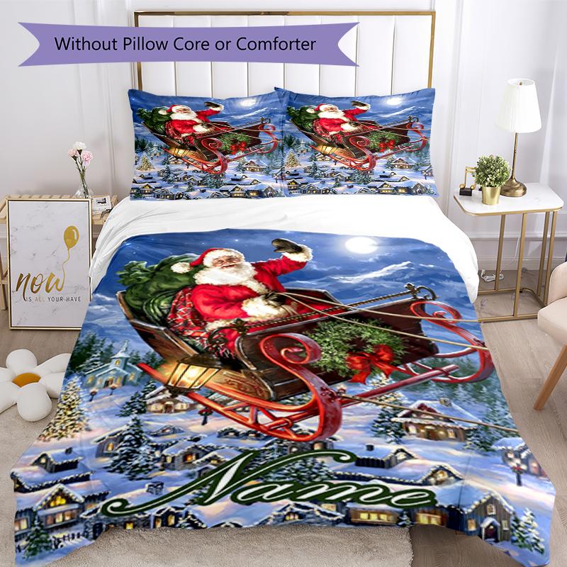 3pcs Custom Name Christmas Santa Claus Bedding Set Duvet Cover Closure Includes 1 Duvet Cover & 2 Pillowcases, Soft and Comfortable for All Seasons.