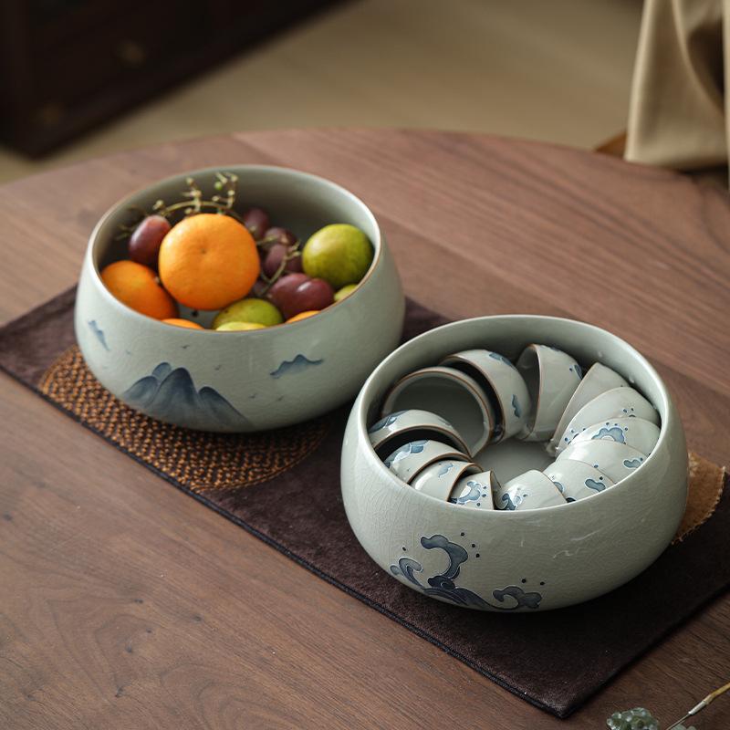 Glazed Hand-Painted Ge Kiln Jianshui Ceramic Extra Large Tea Washing Tea Residue Tank Water Tank Household Tea Set Tea Cup Washing Storage Bowl
