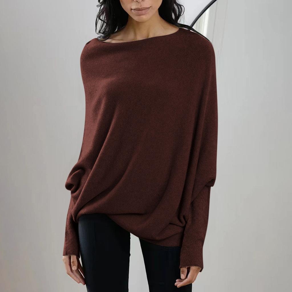 Damen Langarmshirt mit Rundhalsausschnitt, Tunika-Oberteile, Herbst, Baggy, Slouchy-Pullover, schulterfrei