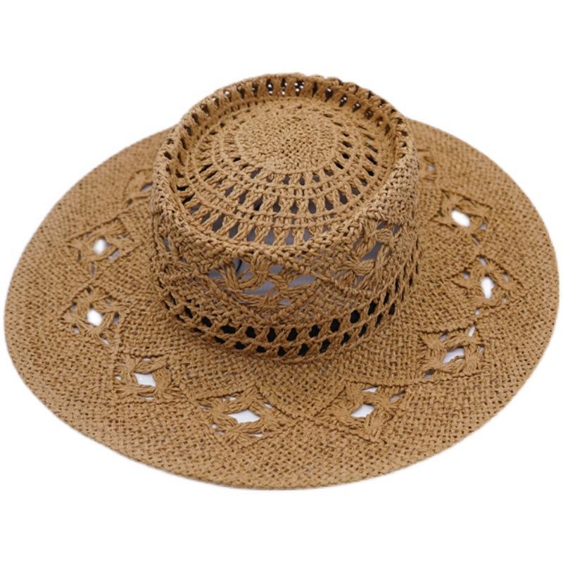 French Retro Hollowed-Out Flower Color Woven Flat-Top Straw Hat Trendy Girl Summer Vacation Top Hat Japanese Sun Top Hat
