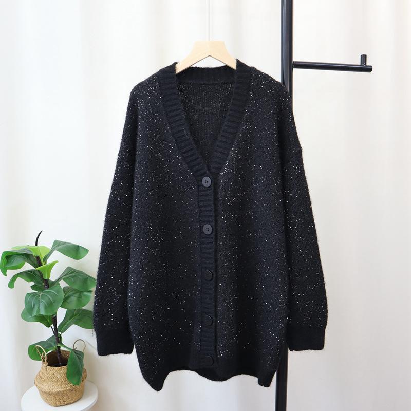 

Осень и зима свободный вязаный кардиган с пайетками средней и длинной длины, ленивый свитер-жакет, женский повседневный универсальный one size fits all чёрный