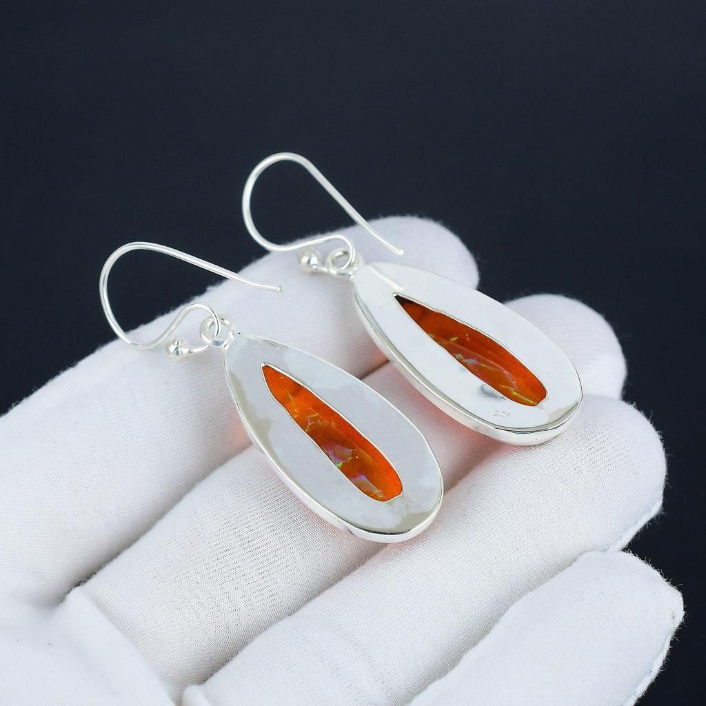 Beautiful Orange Triplet Fire Opal Gemstone 925 Sterling Silver Earring, Handmade Boho Silver Jewelry Dangle Earrings, Wadding Gift