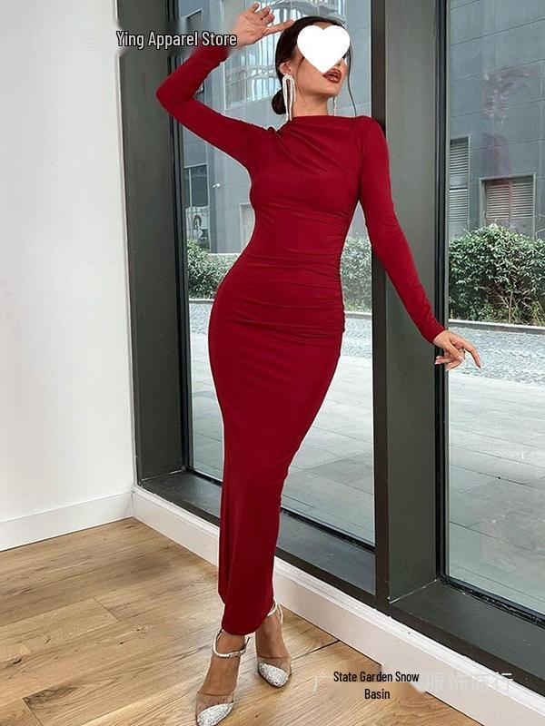 European Style Elegant Round Neck Long Sleeve Slim Fit Bodycon Dress