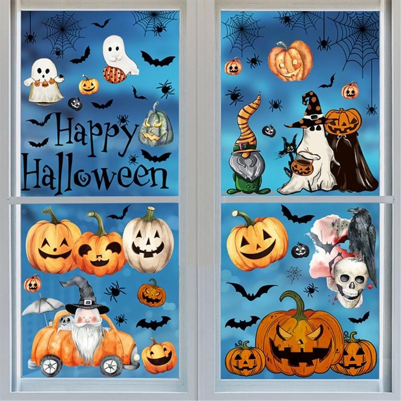 62KD Vintage Halloween Window Stickers Ghostly Evil Pumpkins Bat Home Glass Decors