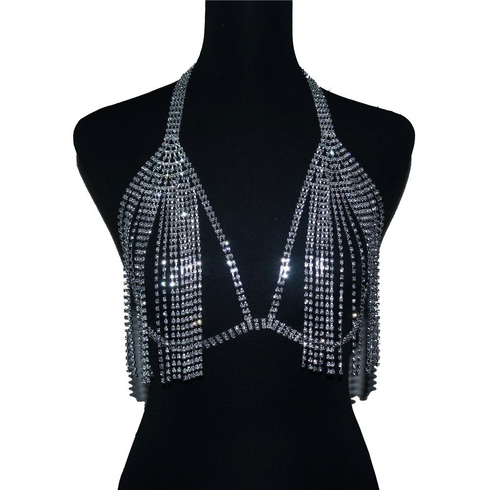 European And American Exaggerated Sexy Rhinestone Body Chain, Luxury Neck Fringed Bra Thong Chain Set Gold plated