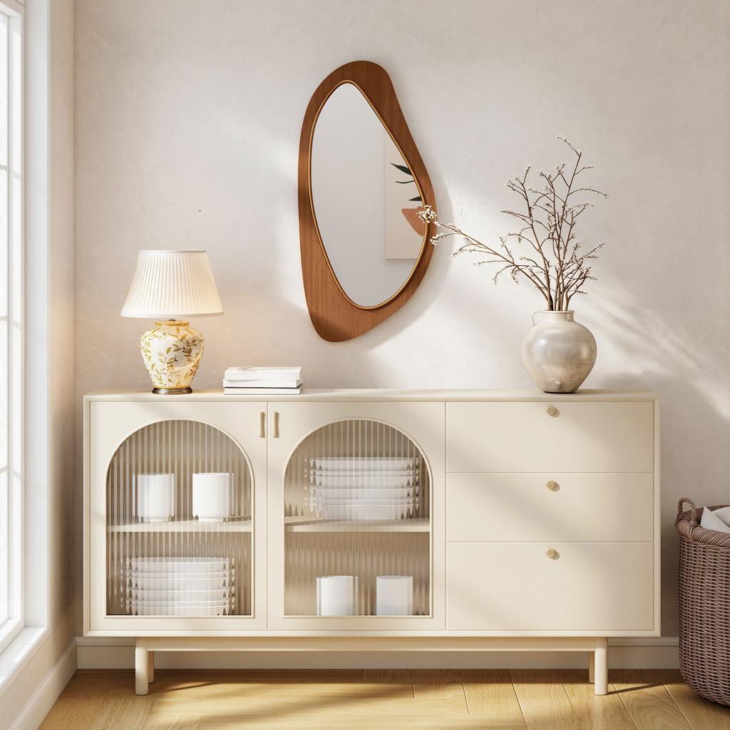 Miroir Mural Miroir Fenêtre avec Cadre en Placage de Pin pour Chambre à Coucher Salon, 91,5 x 45 x 3 cm, Bois Naturel