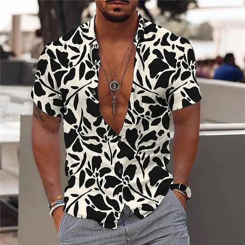New Men's Maple Leaf Print Hawaiian Shirts V-neck Shirts Short Sleeve Button-down Tops Street Wear Men's Trend Clothing Summer New