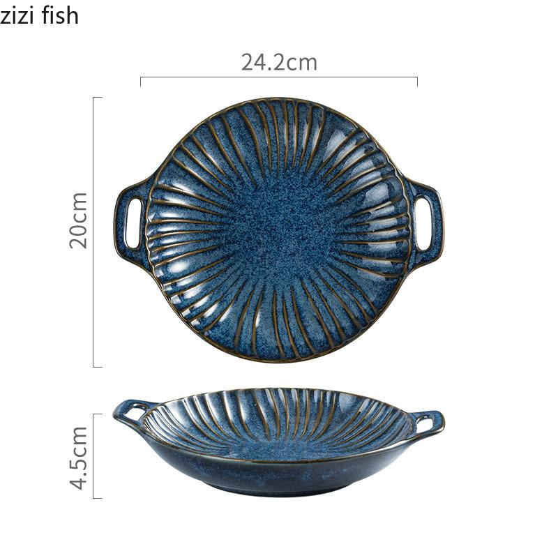 Relief Stripe Ceramic Double Ear Plate Salad Plate Dessert Plate Snack Plates Restaurant Molecular Cuisine Creative Tableware