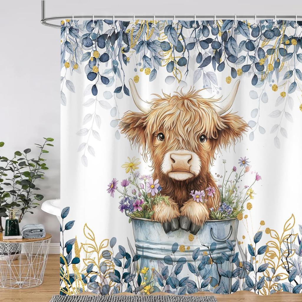 Cute Highland Cow Shower Curtain for Bathroom, Farmhouse Rustic Cow Animal Bathing in Bathtub Shower Curtains Decor Set