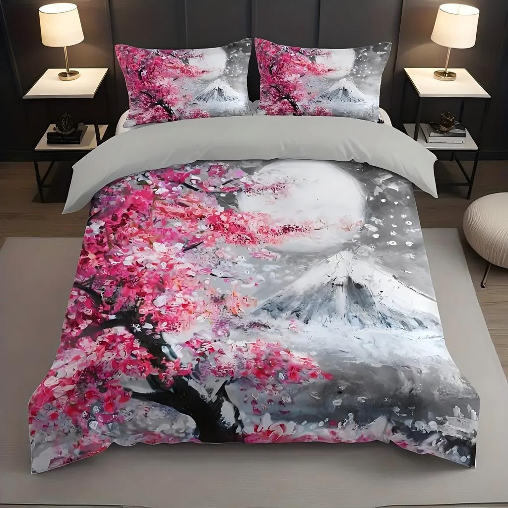 Comforter Cherry Tree Mountain Oil Painting Snow Scene Print Japan Minimalist Style Home Textiles Soft S