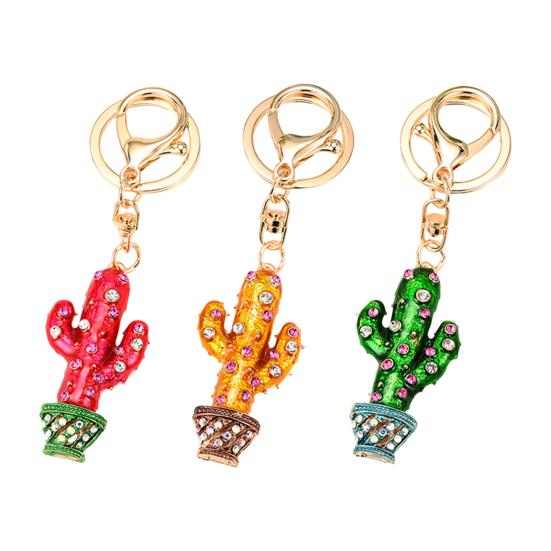 Keychain Sparkling Rhinestones Inlaid Cactus Design Keychain Pendant Enamel Oil Drip Process Smooth Edges Spring Buckle Key Holder Backpacks Accessory