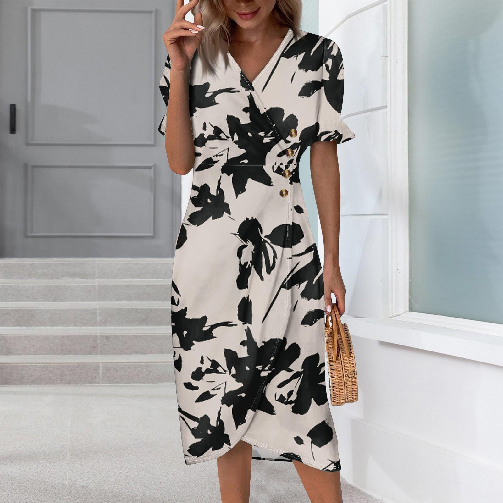 

Пляжные платья для женщин, весна-лето, элегантное платье с V-образным вырезом и цветочным принтом в стиле бохо, струящееся гавайское платье макси с рюшами L бежевый