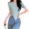 Design Sense Irregular Exposed Collarbone Versatile Chic Short Section Knit Short-sleeved Tops Casual Essential Comfort Style Slim Fit Pullovers Tees