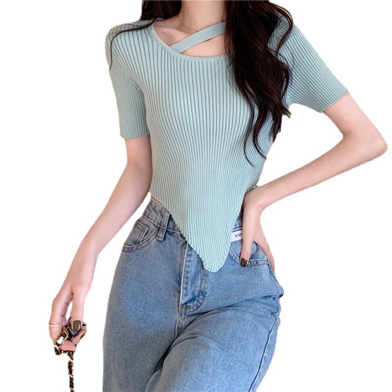 Design Sense Irregular Exposed Collarbone Versatile Chic Short Section Knit Short-sleeved Tops Casual Essential Comfort Style Slim Fit Pullovers Tees