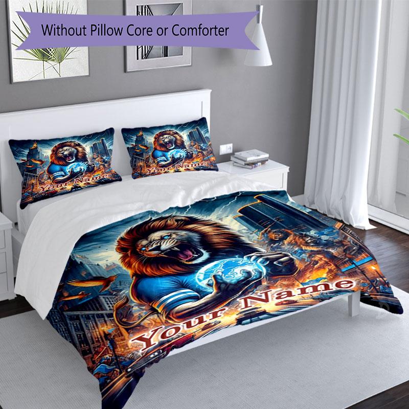 3PC Custom Name City Lion Dreams Bedding Set Printed Bedding Set Duvet Cover Closure Includes 1 Duvet Cover & 2 Pillowcases for All Seasons Bedroom