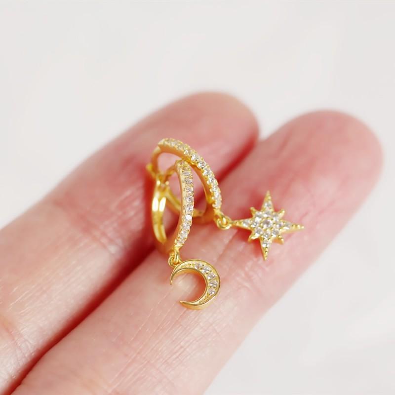Asymmetrical Star Moon Earrings Women Sterling Studs Fashion Trendy Ear Cuffs