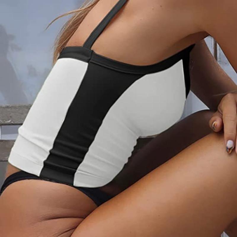 American Retro Spicy Girl Versatile Contrast Stripe Strap Sexy Off Shoulder Tight Open Umbilical Short Tank Top