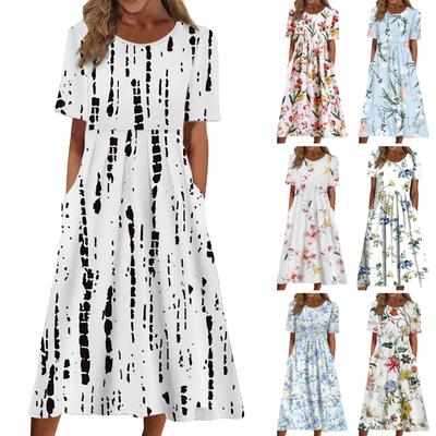 Women's Summer Casual Fashion Flower Printed Short Sleeve Round Neck Pocket Dress