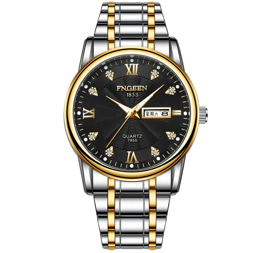 New men s room gold steel belt couple women s watch diamond-encrusted fashion watch male student watch waterproof double calendar